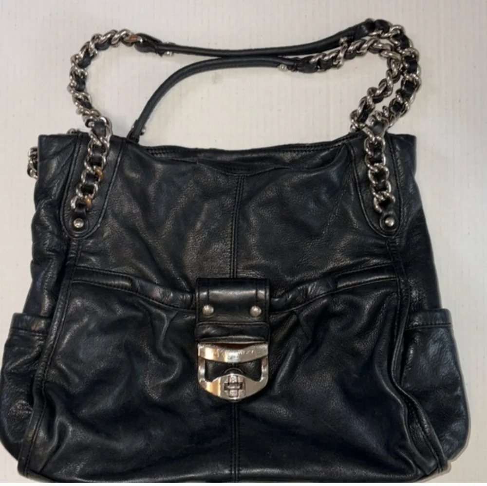 Black Leather Chain-Handle Women’s Shoulder Bag